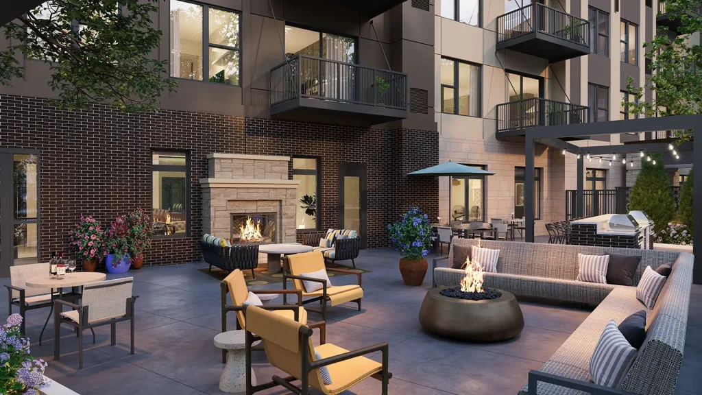 outdoor fireplace and lounge area