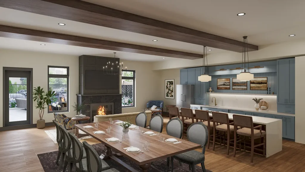 entertainment suite with living room, kitchen and dining area