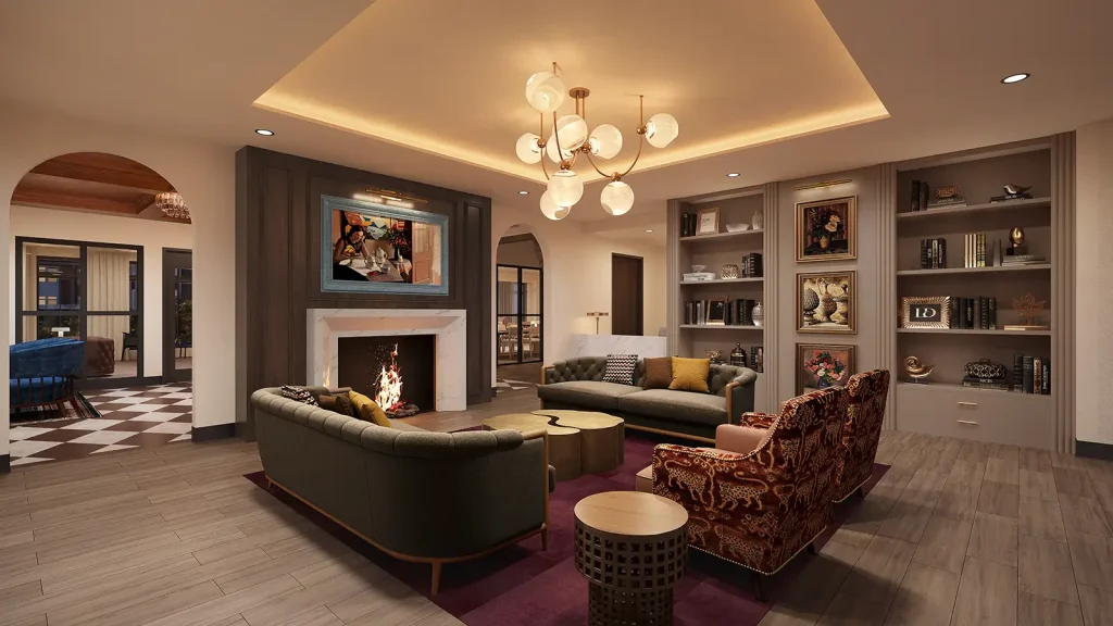 elegant lounge with fireplace, build-in bookshelves and extraordinary furnishings