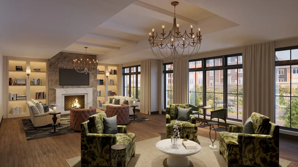 a lovely library room with elegant furnishings, a fireplace and beautiful chandeliers