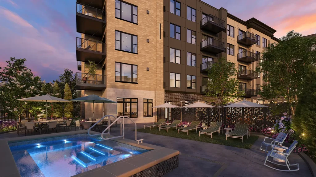 plunge pool, seating area and umbrellas outdoors